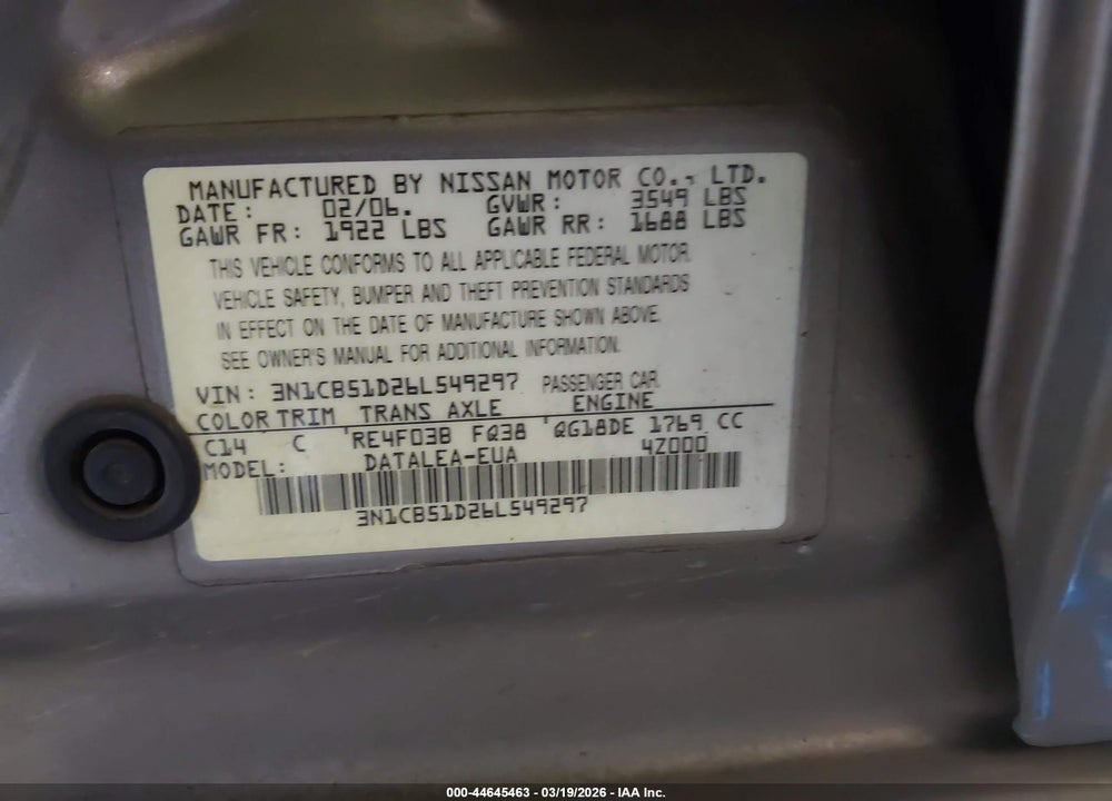 2006 NISSAN SENTRA 1.8S VIN: 3N1CB51D26L549297