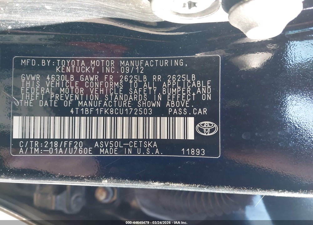 2012 TOYOTA CAMRY SE VIN: 4T1BF1FK8CU172503