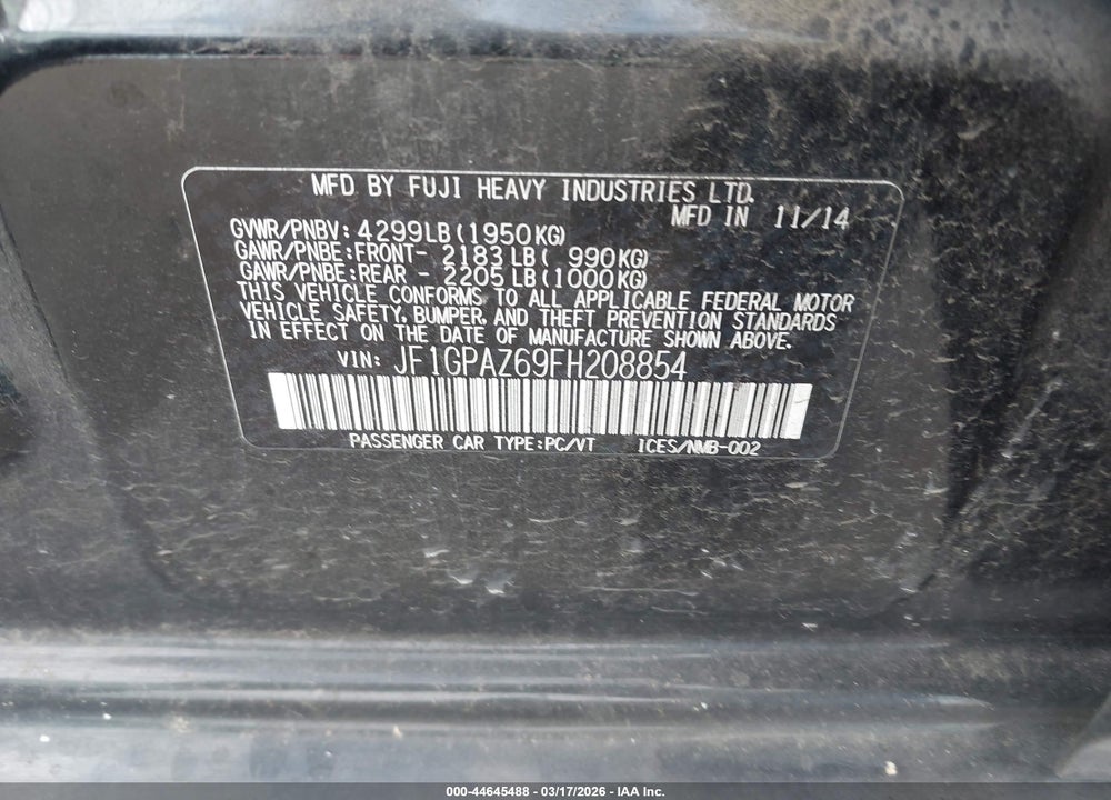 2015 SUBARU IMPREZA 2.0I SPORT LIMITED VIN: JF1GPAZ69FH208854