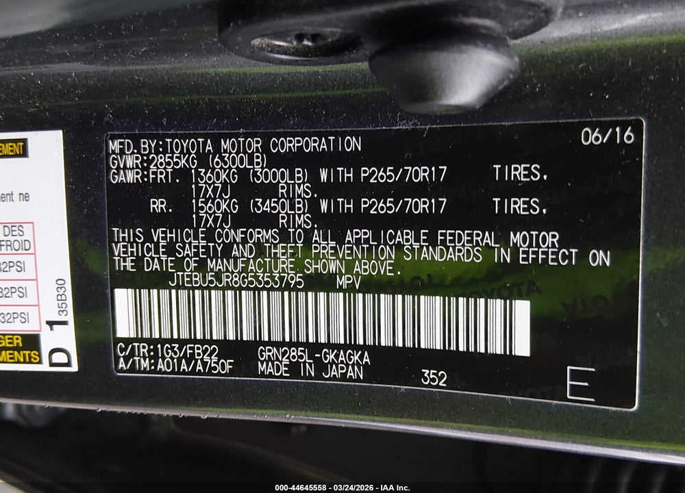 2016 TOYOTA 4RUNNER SR VIN: JTEBU5JR8G5353795