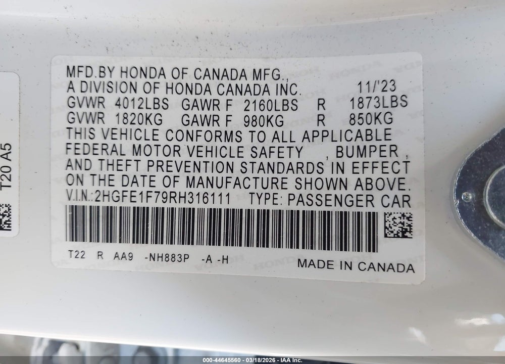 2024 HONDA CIVIC EX VIN: 2HGFE1F79RH316111