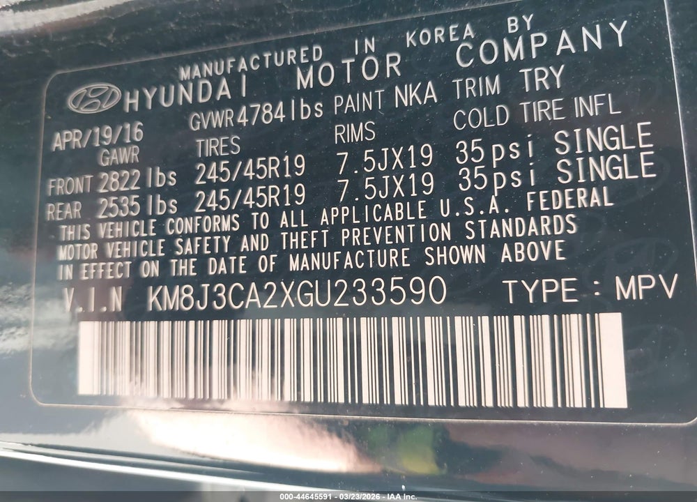 2016 HYUNDAI TUCSON LIMITED VIN: KM8J3CA2XGU233590