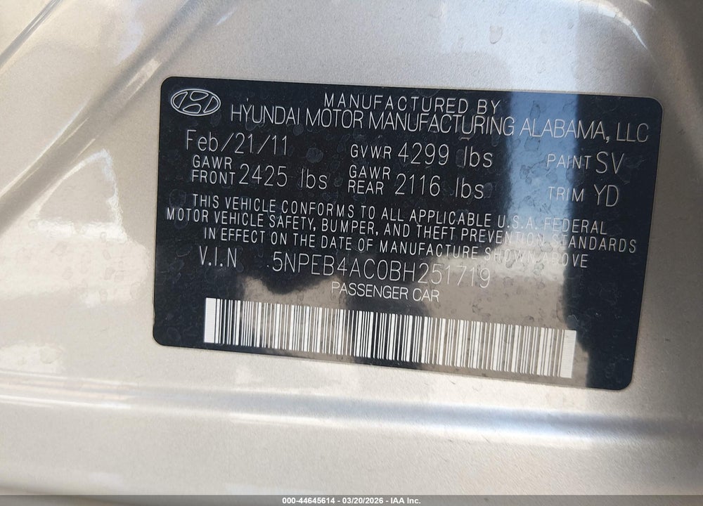 2011 HYUNDAI SONATA GLS VIN: 5NPEB4AC0BH251719