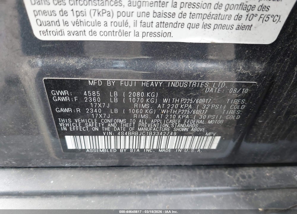 2011 SUBARU OUTBACK 2.5I LIMITED VIN: 4S4BRBJC1B3342749