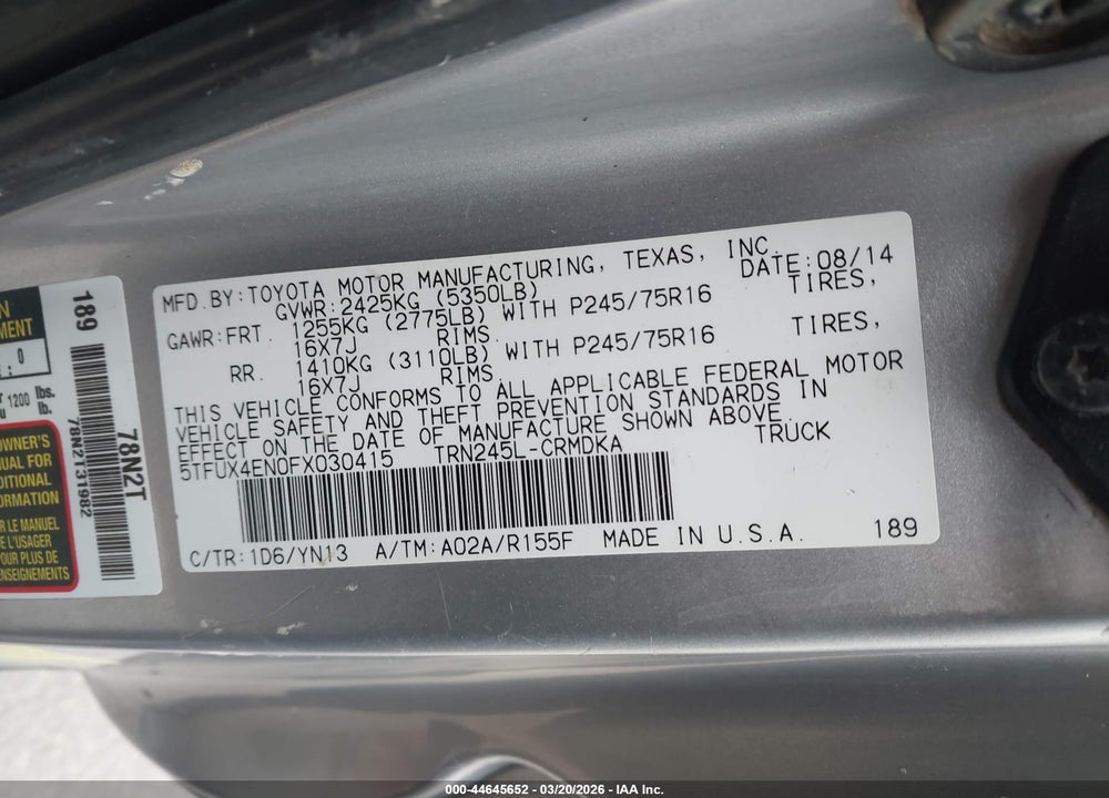 2015 TOYOTA TACOMA VIN: 5TFUX4EN0FX030415