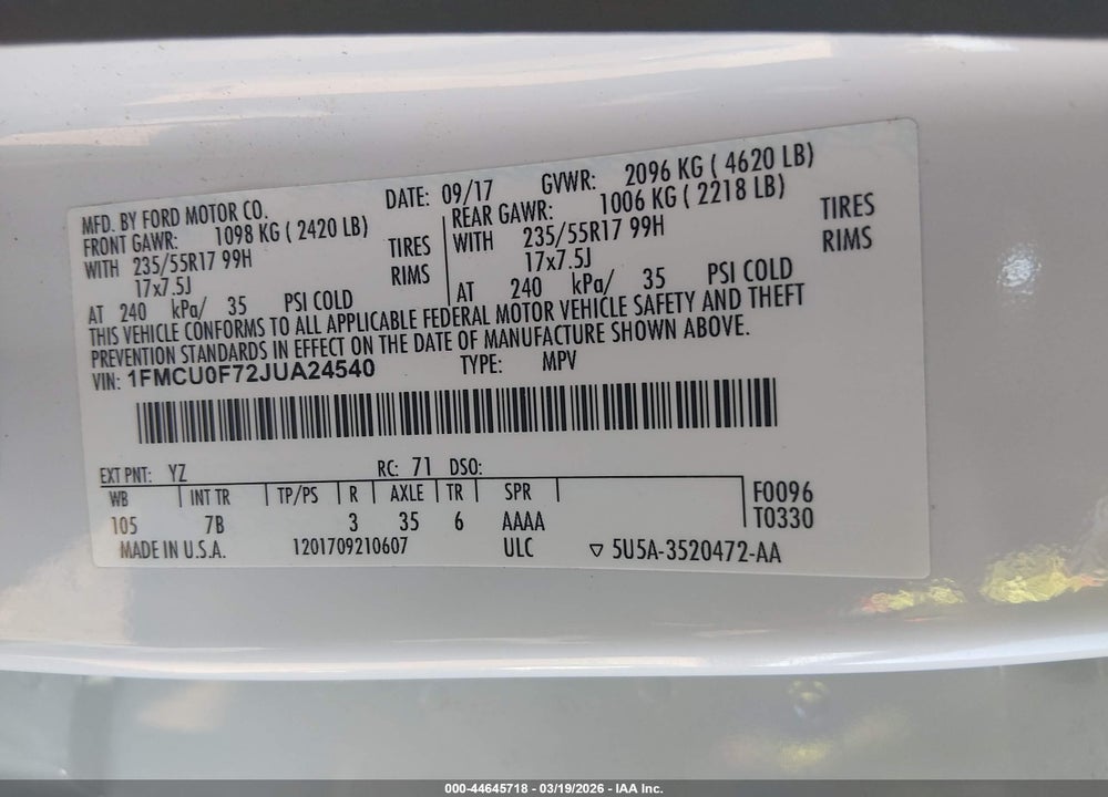 2018 FORD ESCAPE S VIN: 1FMCU0F72JUA24540