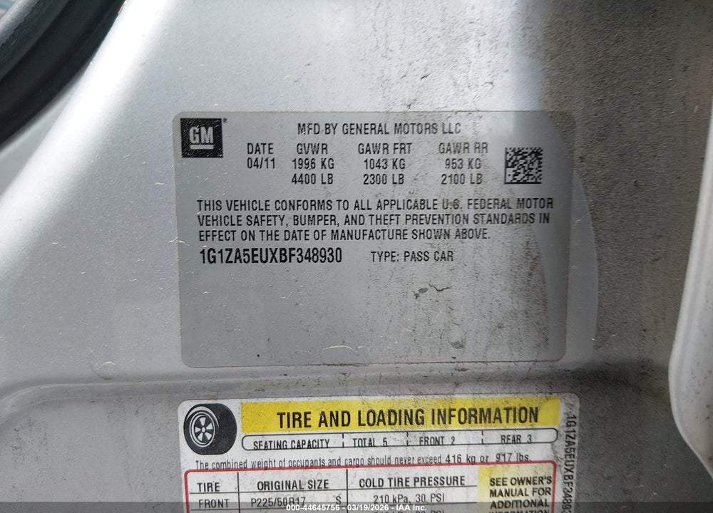 2011 CHEVROLET MALIBU LS VIN: 1G1ZA5EUXBF348930