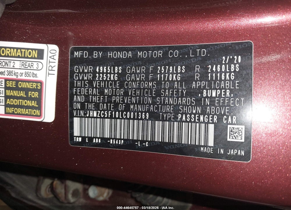 2020 HONDA CLARITY PLUG-IN HYBRID VIN: JHMZC5F10LC001369