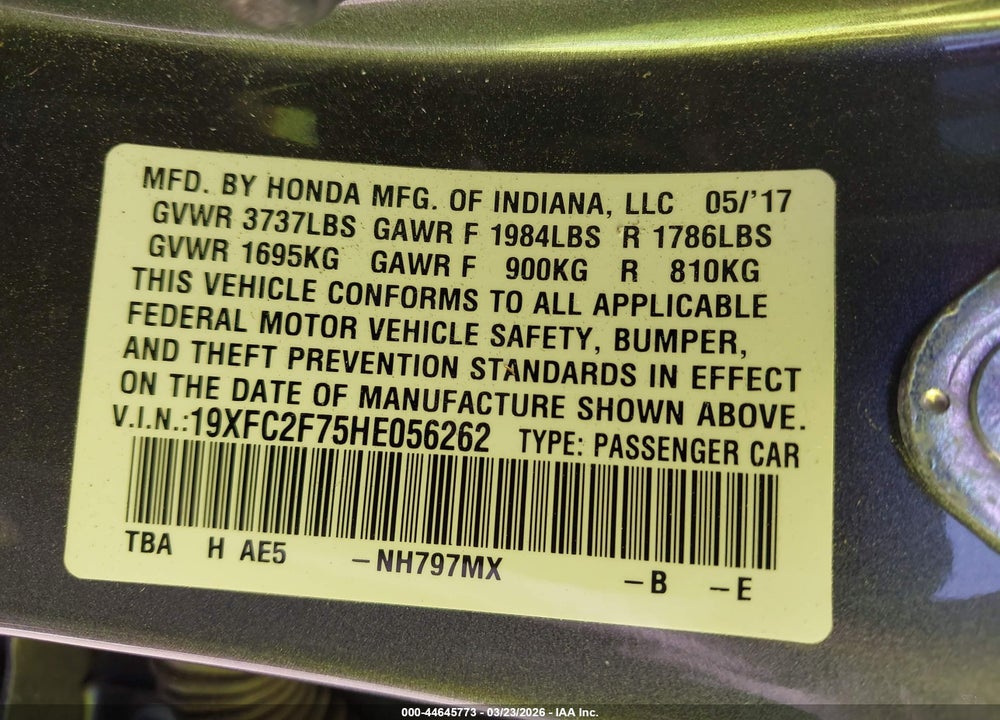 2017 HONDA CIVIC EX VIN: 19XFC2F75HE056262