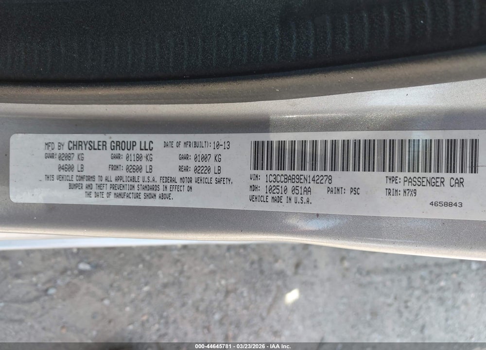 2014 CHRYSLER 200 LX VIN: 1C3CCBAB9EN142278