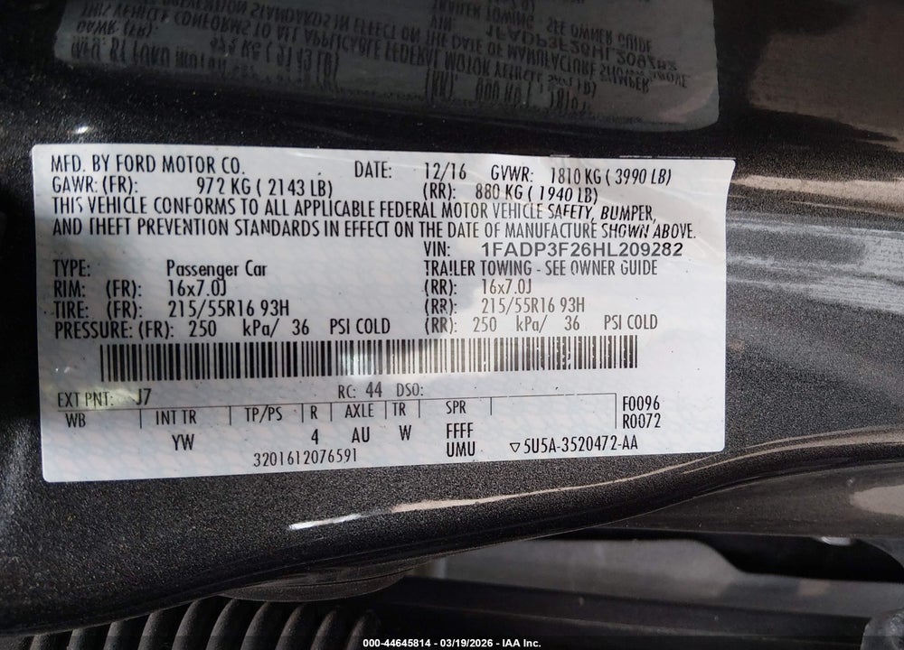 2017 FORD FOCUS SE VIN: 1FADP3F26HL209282