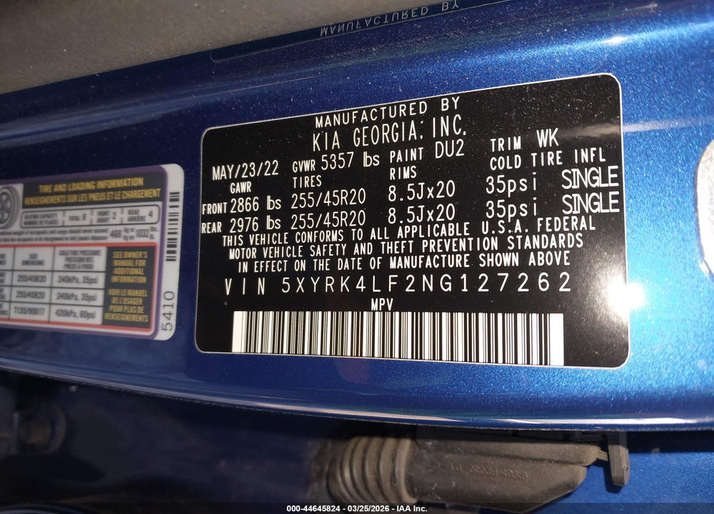 2022 KIA SORENTO SX VIN: 5XYRK4LF2NG127262