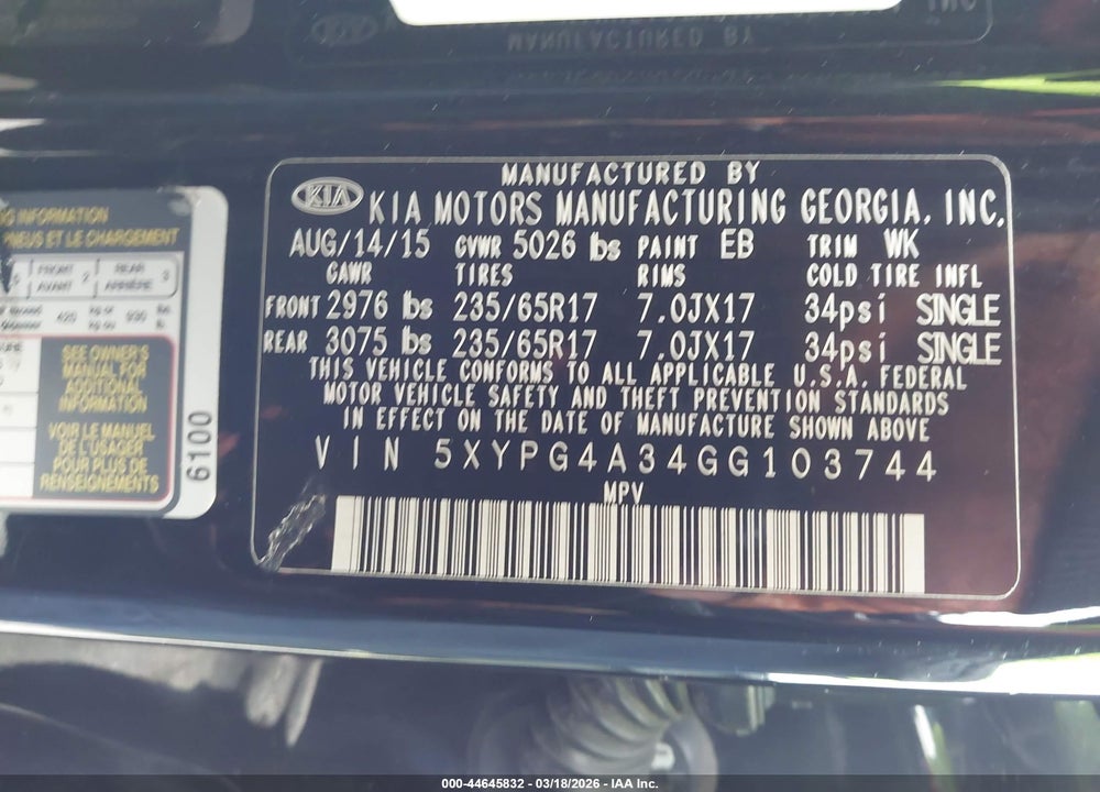 2016 KIA SORENTO 2.4L L VIN: 5XYPG4A34GG103744
