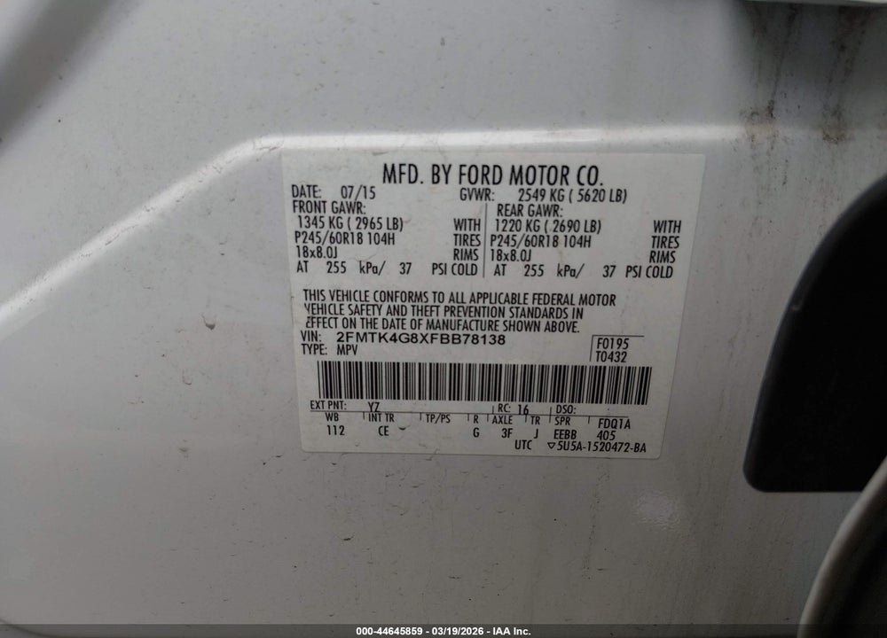 2015 FORD EDGE SE VIN: 2FMTK4G8XFBB78138