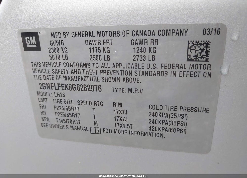 2016 CHEVROLET EQUINOX LT VIN: 2GNFLFEK8G6282976