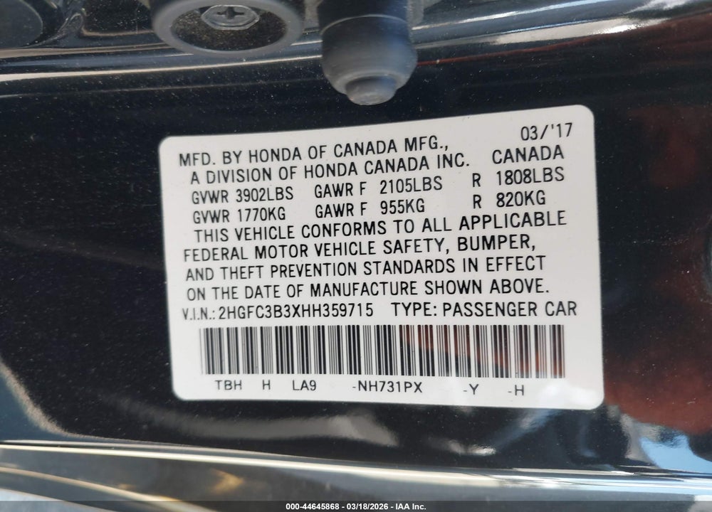 2017 HONDA CIVIC EX-T VIN: 2HGFC3B3XHH359715