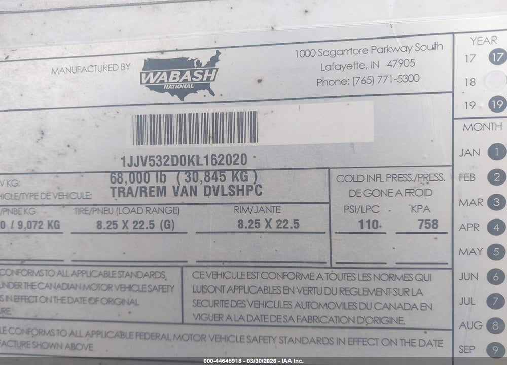 2019 WABASH NATIONAL CORP SEMI TRAILER VIN: 1JJV532D0KL162020