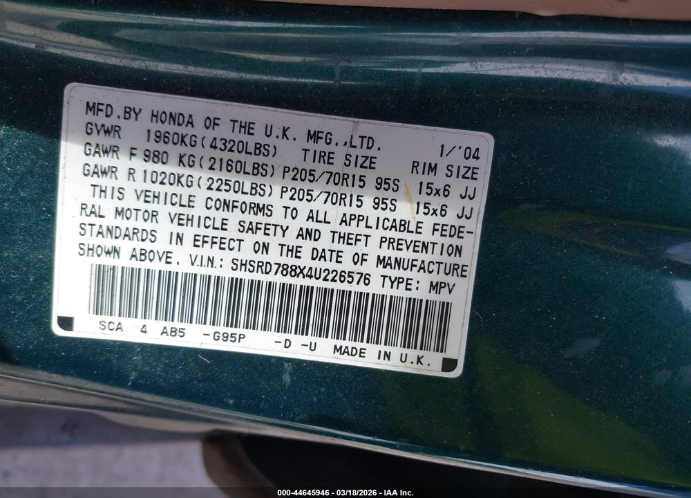 2004 HONDA CR-V EX VIN: SHSRD788X4U226576