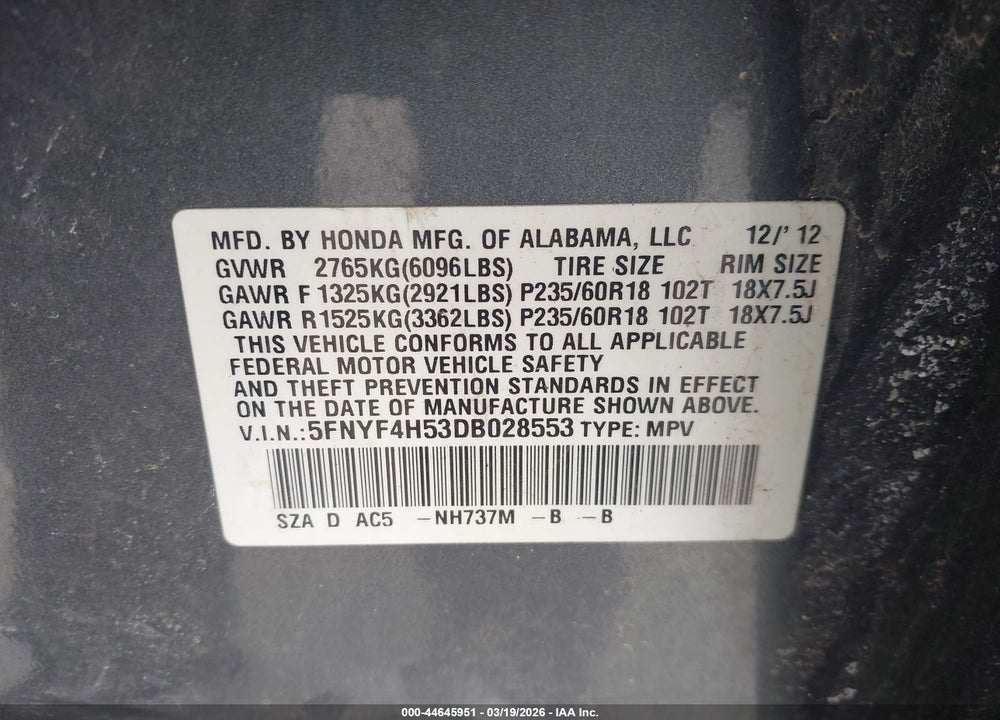 2013 HONDA PILOT EX-L VIN: 5FNYF4H53DB028553
