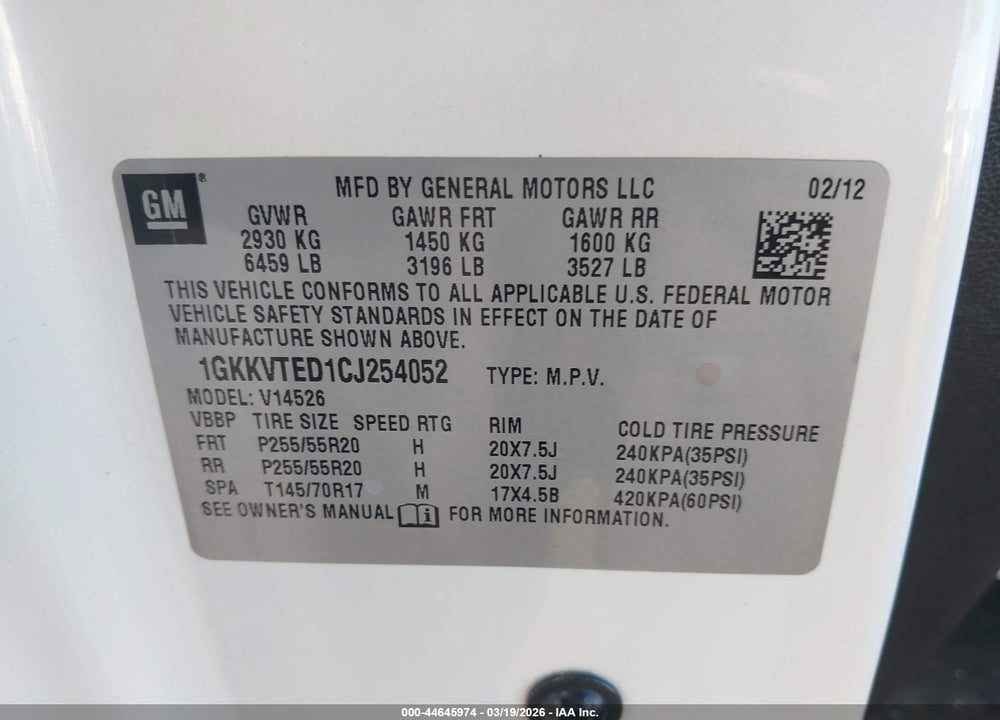 2012 GMC ACADIA DENALI VIN: 1GKKVTED1CJ254052