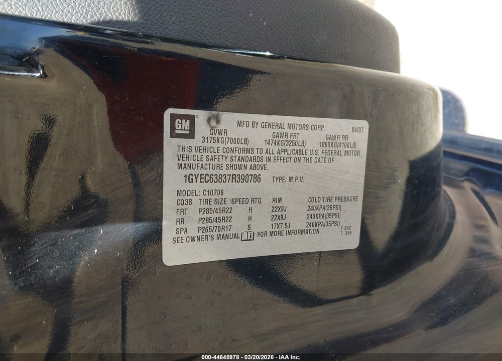 2007 CADILLAC ESCALADE STANDARD VIN: 1GYEC63837R390786
