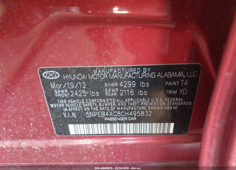 2012 HYUNDAI SONATA GLS VIN: 5NPEB4AC8CH495832