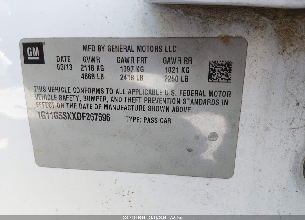 2013 CHEVROLET MALIBU VIN: 1G11G5SXXDF267696