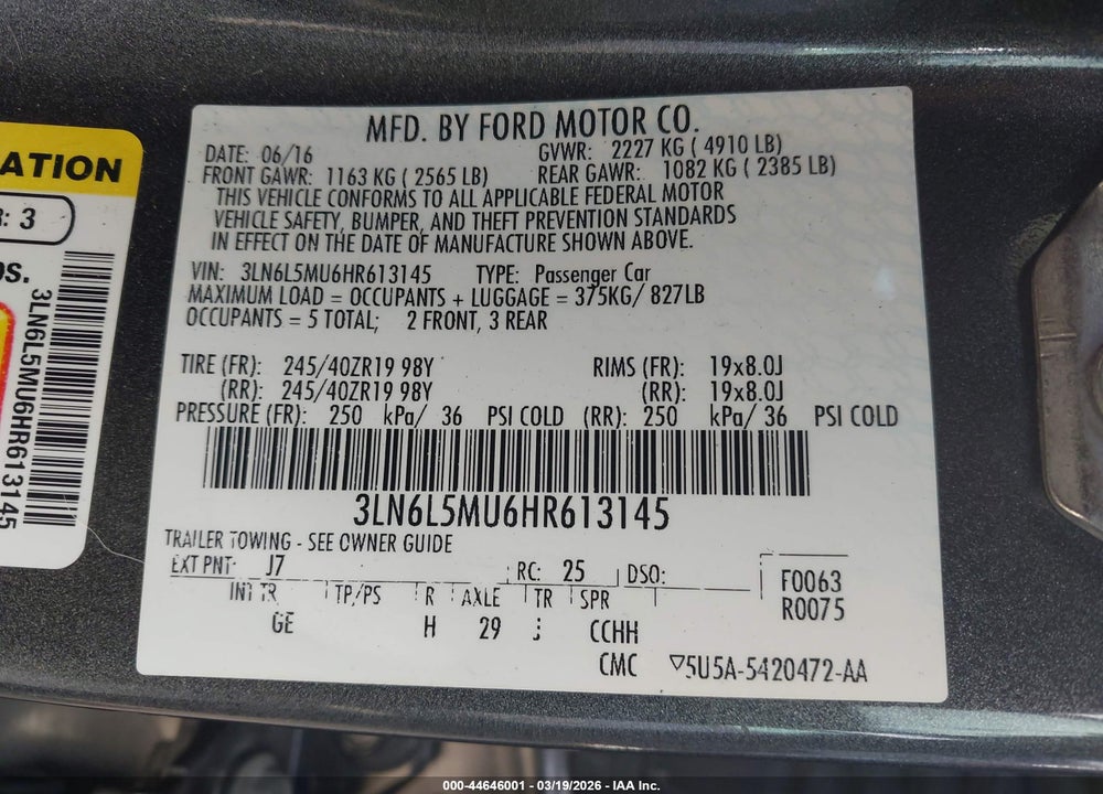 2017 LINCOLN MKZ HYBRID RESERVE VIN: 3LN6L5MU6HR613145