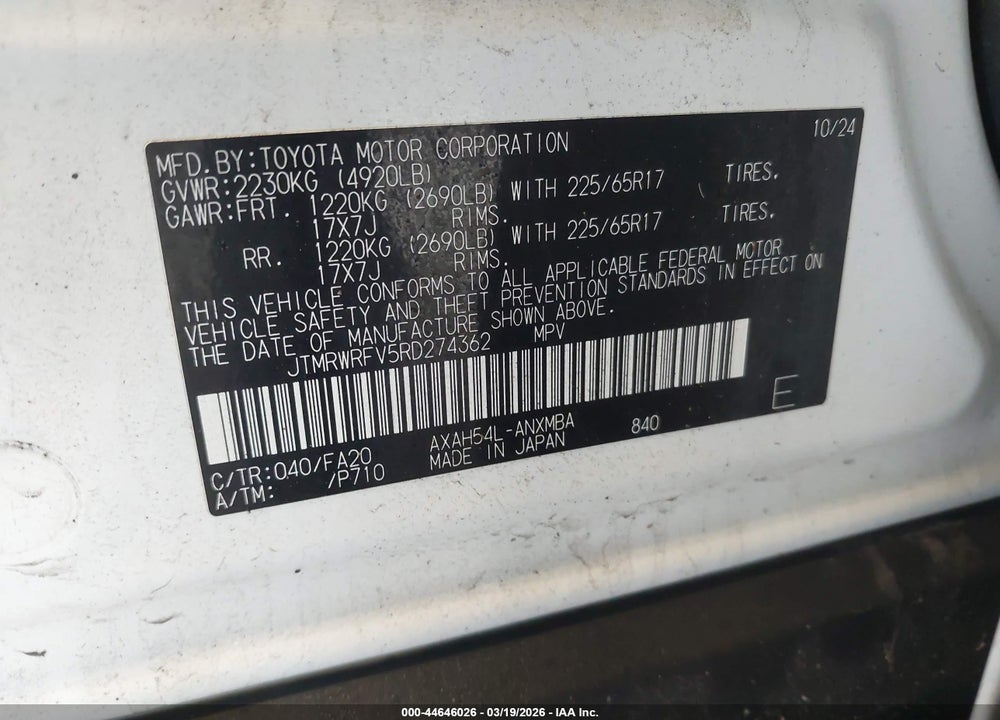2024 TOYOTA RAV4 HYBRID XLE VIN: JTMRWRFV5RD274362