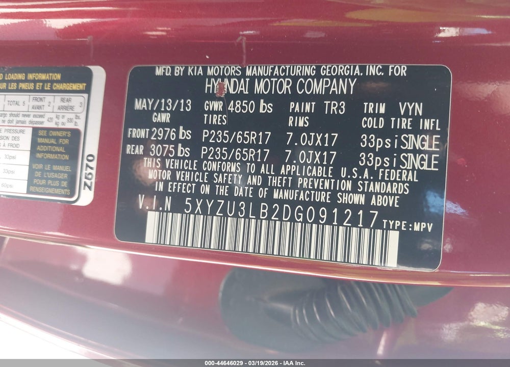 2013 HYUNDAI SANTA FE SPORT VIN: 5XYZU3LB2DG091217