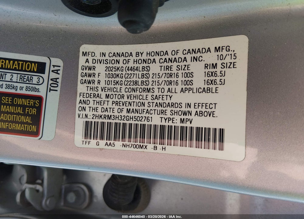 2016 HONDA CR-V LX VIN: 2HKRM3H32GH502761