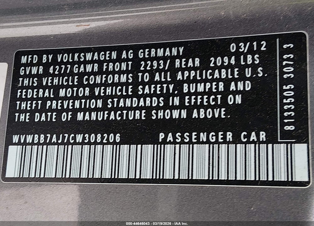 2012 VOLKSWAGEN GOLF 2.5L 2-DOOR VIN: WVWBB7AJ7CW308206