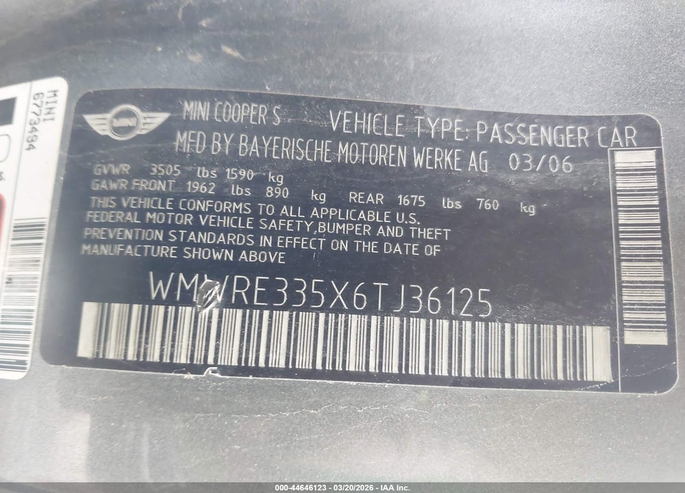 2006 MINI COOPER S VIN: WMWRE335X6TJ36125