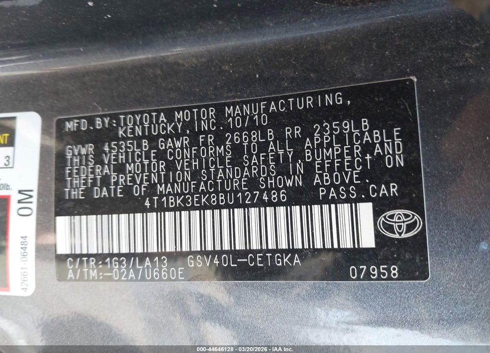2011 TOYOTA CAMRY XLE V6 VIN: 4T1BK3EK8BU127486