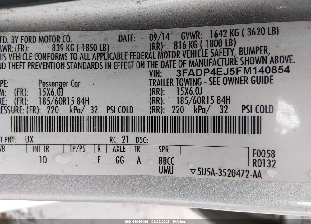 2015 FORD FIESTA SE VIN: 3FADP4EJ5FM140854