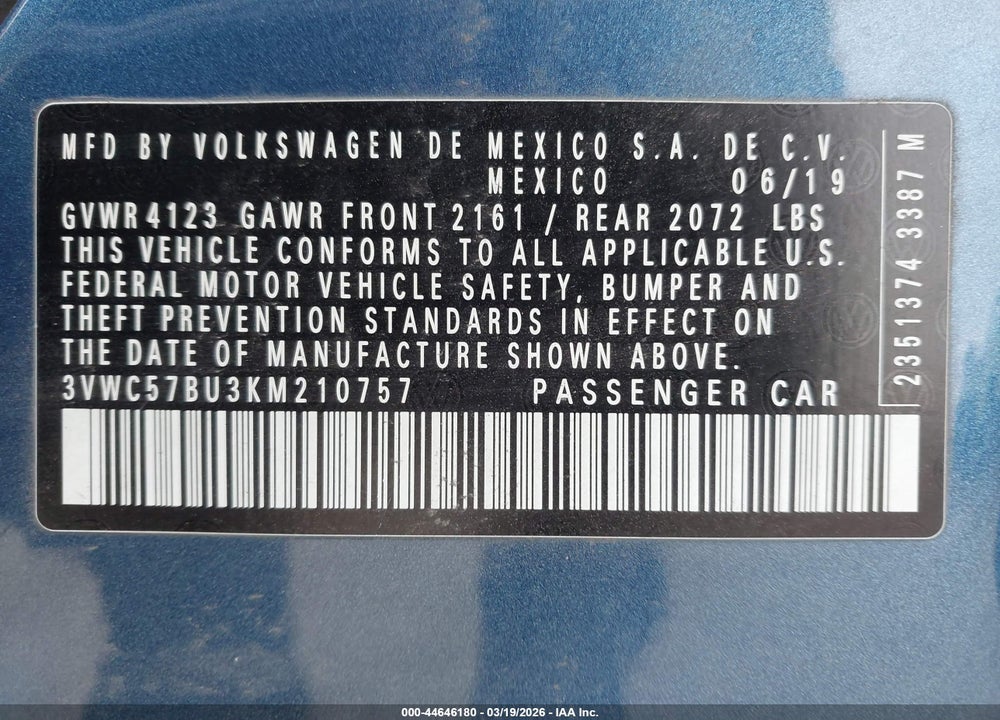 2019 VOLKSWAGEN JETTA 1.4T R-LINE/1.4T S/1.4T SE VIN: 3VWC57BU3KM210757