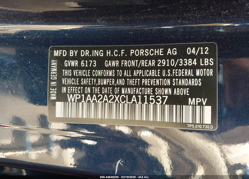 2012 PORSCHE CAYENNE VIN: WP1AA2A2XCLA11537