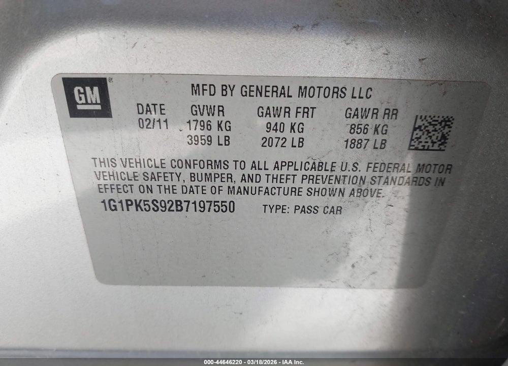 2011 CHEVROLET CRUZE ECO VIN: 1G1PK5S92B7197550