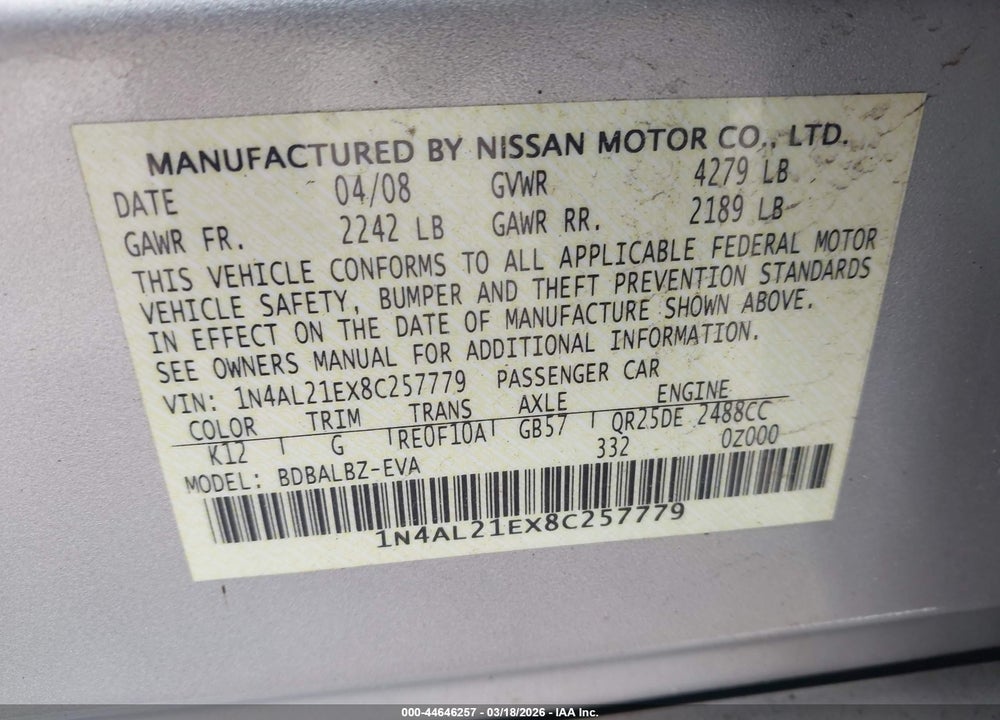 2008 NISSAN ALTIMA 2.5 S VIN: 1N4AL21EX8C257779
