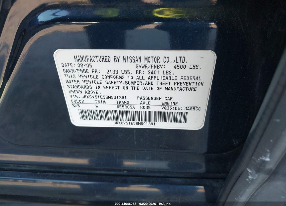 2006 INFINITI G35 VIN: JNKCV51E56M501391