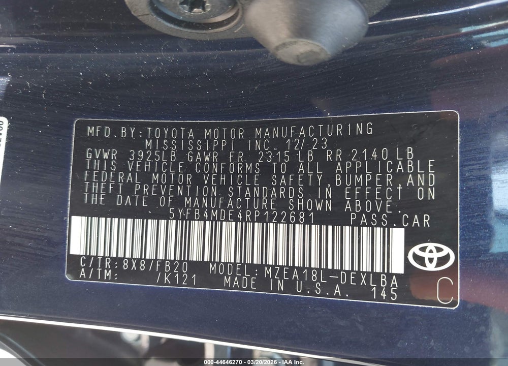 2024 TOYOTA COROLLA LE VIN: 5YFB4MDE4RP122681