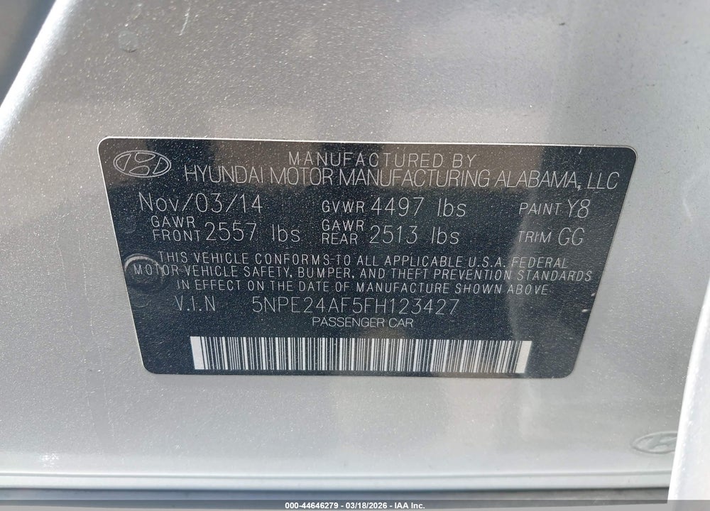2015 HYUNDAI SONATA VIN: 5NPE24AF5FH123427