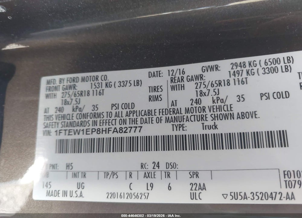 2017 FORD F-150 XLT VIN: 1FTEW1EP8HFA82777