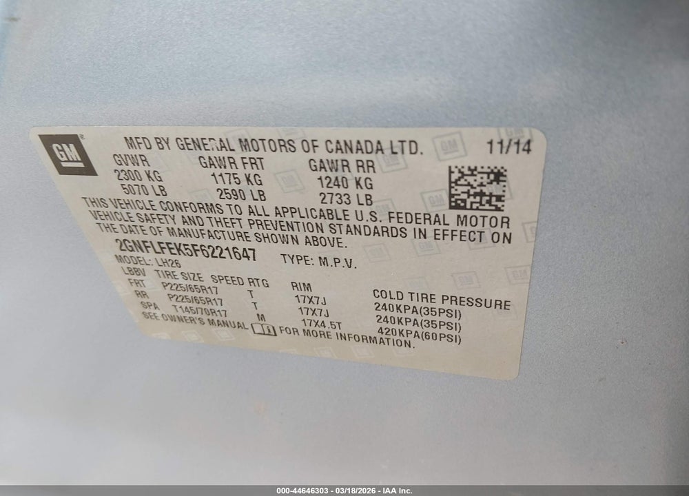 2015 CHEVROLET EQUINOX 1LT VIN: 2GNFLFEK5F6221647