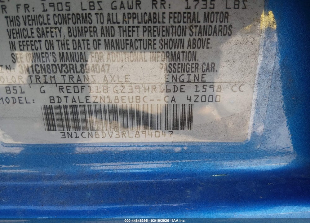 2024 NISSAN VERSA 1.6 S VIN: 3N1CN8DV3RL894047