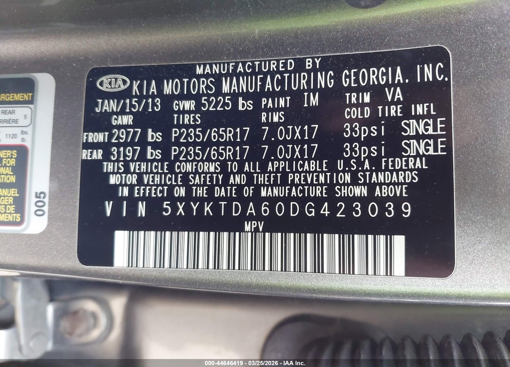 2013 KIA SORENTO LX VIN: 5XYKTDA60DG423039