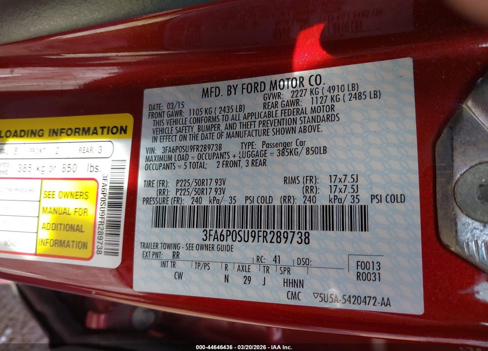 2015 FORD FUSION ENERGI TITANIUM VIN: 3FA6P0SU9FR289738