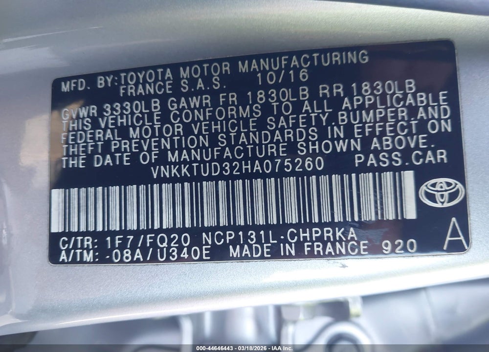 2017 TOYOTA YARIS L VIN: VNKKTUD32HA075260