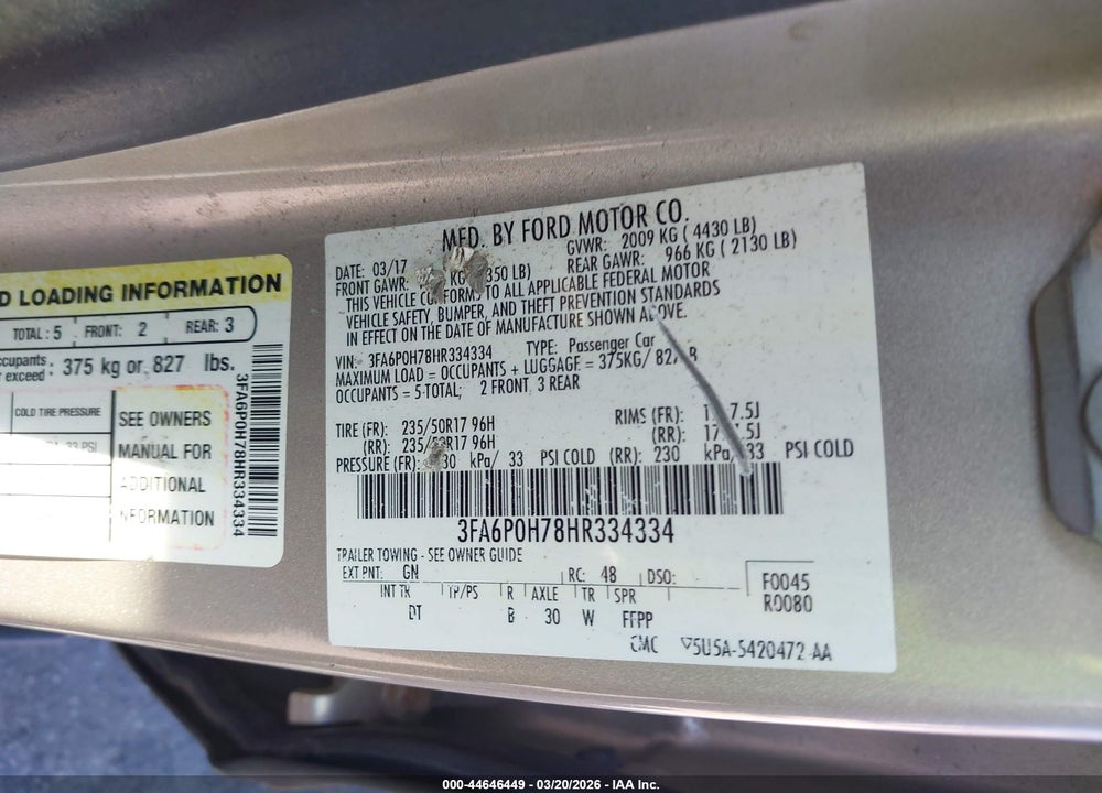 2017 FORD FUSION SE VIN: 3FA6P0H78HR334334