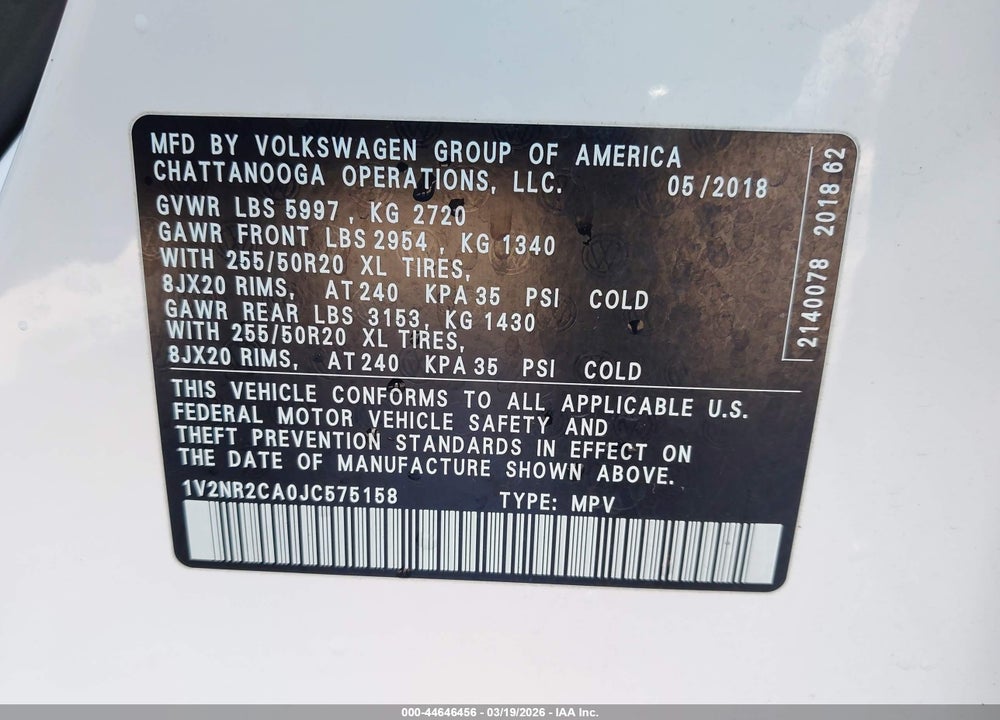 2018 VOLKSWAGEN ATLAS 3.6L V6 SEL PREMIUM VIN: 1V2NR2CA0JC575158